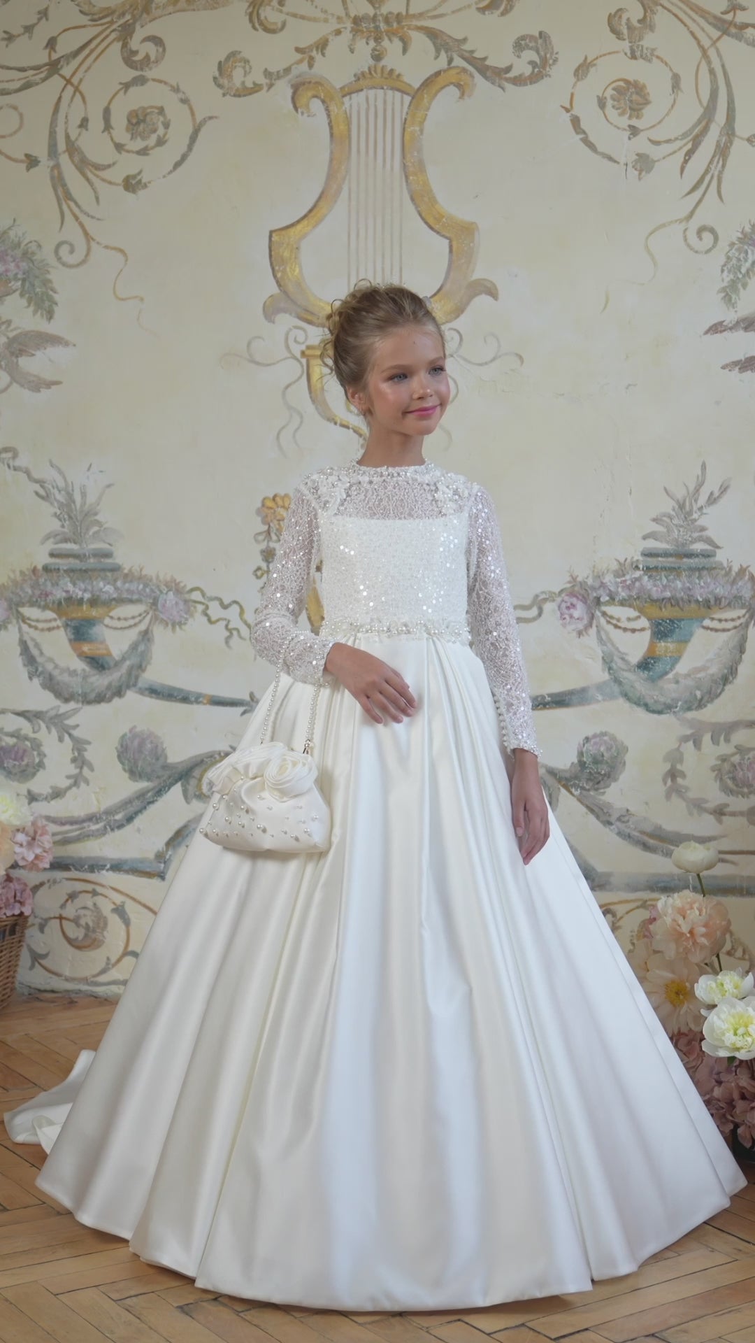 Pentelei 3840 Illusion Neckline Long Sheer Lace Sleeve A-Line Ball Gown Kids Dress