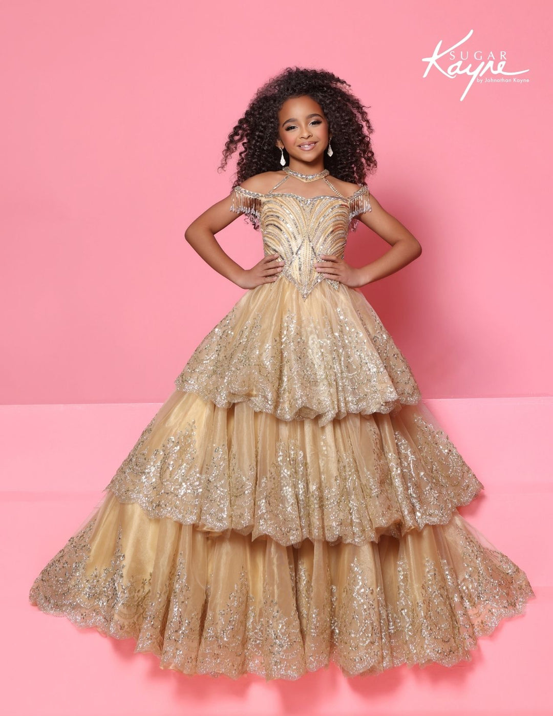 Sugar Kayne C421 crystal fringe tiered girls pageant gown front view