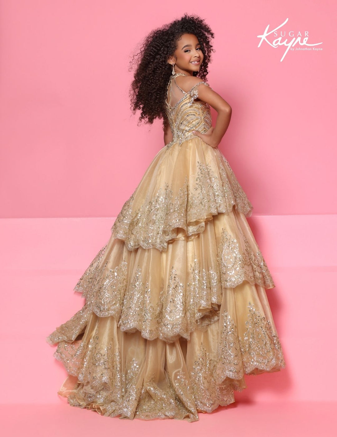 Sugar Kayne C421 crystal fringe tiered girls pageant gown back view