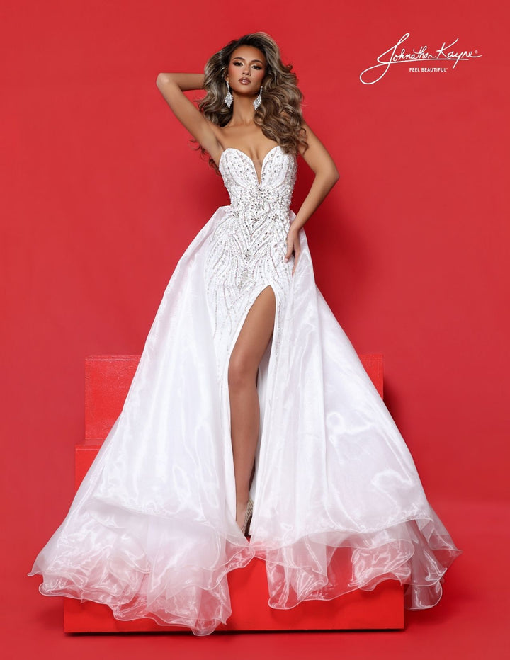 Johnathan Kayne 3322 strapless beaded pageant gown with overskirt alternate color front view 3