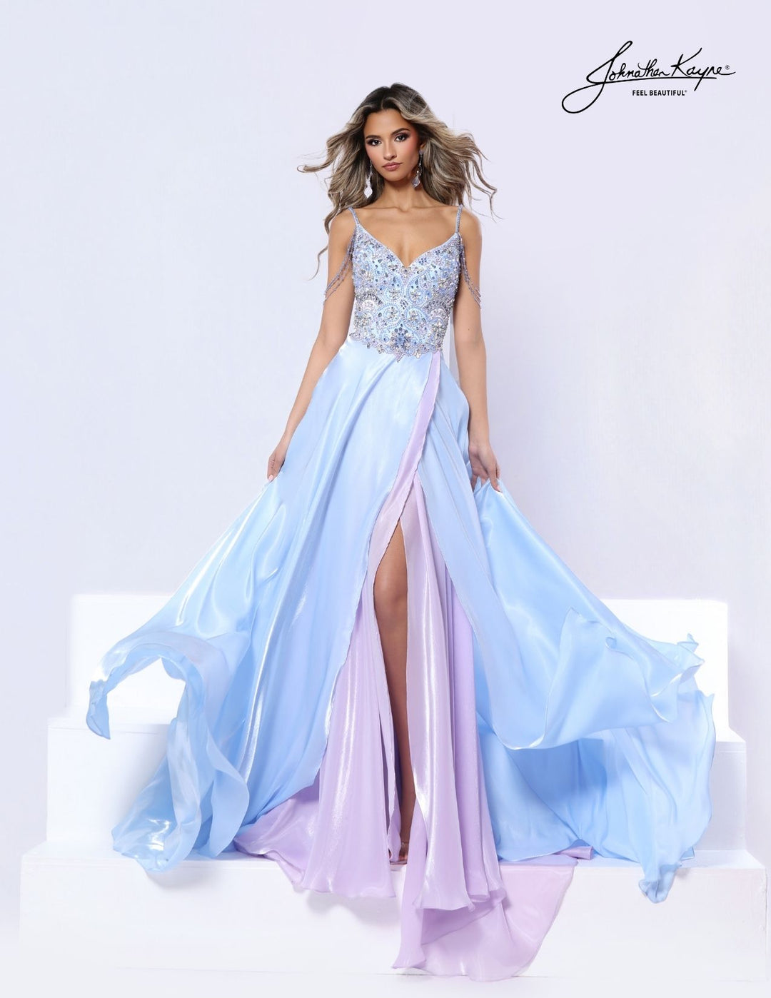 Johnathan Kayne 3357 V-neck beaded drape evening gown front view