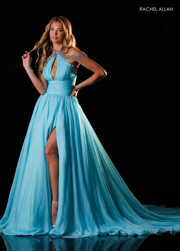 Rachel Allan 50430 Beaded Halter Keyhole A-Line Pageant Dress - FOSTANI.com