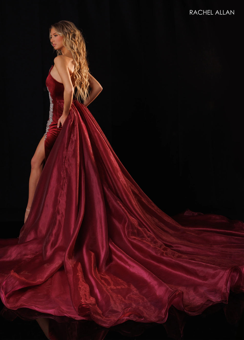Rachel Allan 50446 Plunging Illusion Pageant Dress with Overskirt - FOSTANI.com