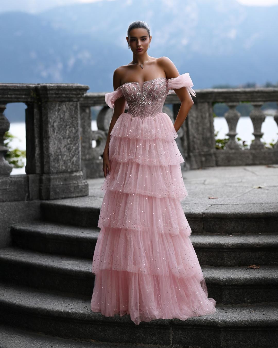 Delilah SH11607 Beaded Corset Gown with Puff Sleeves and Tiered Ruffle Skirt - Pink front view