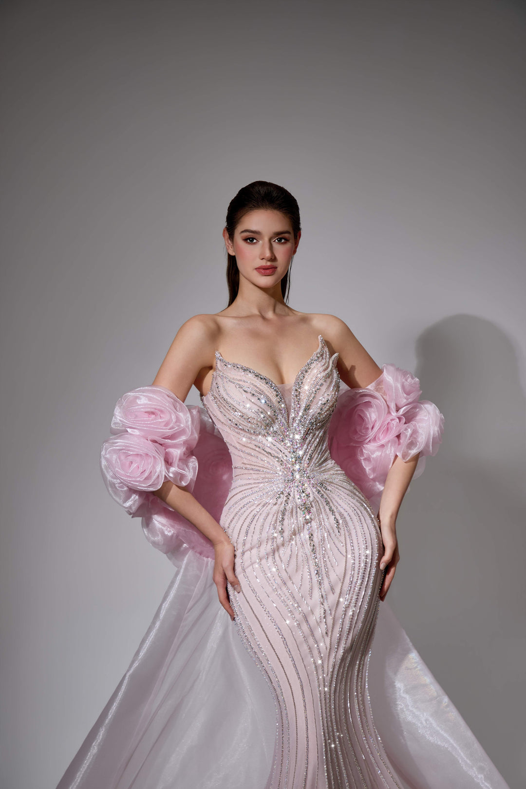 Delilah SH12052 Plunging Beaded Corset Mermaid Gown with Rosette Arm Puffs and Overskirt - Pink close-up view