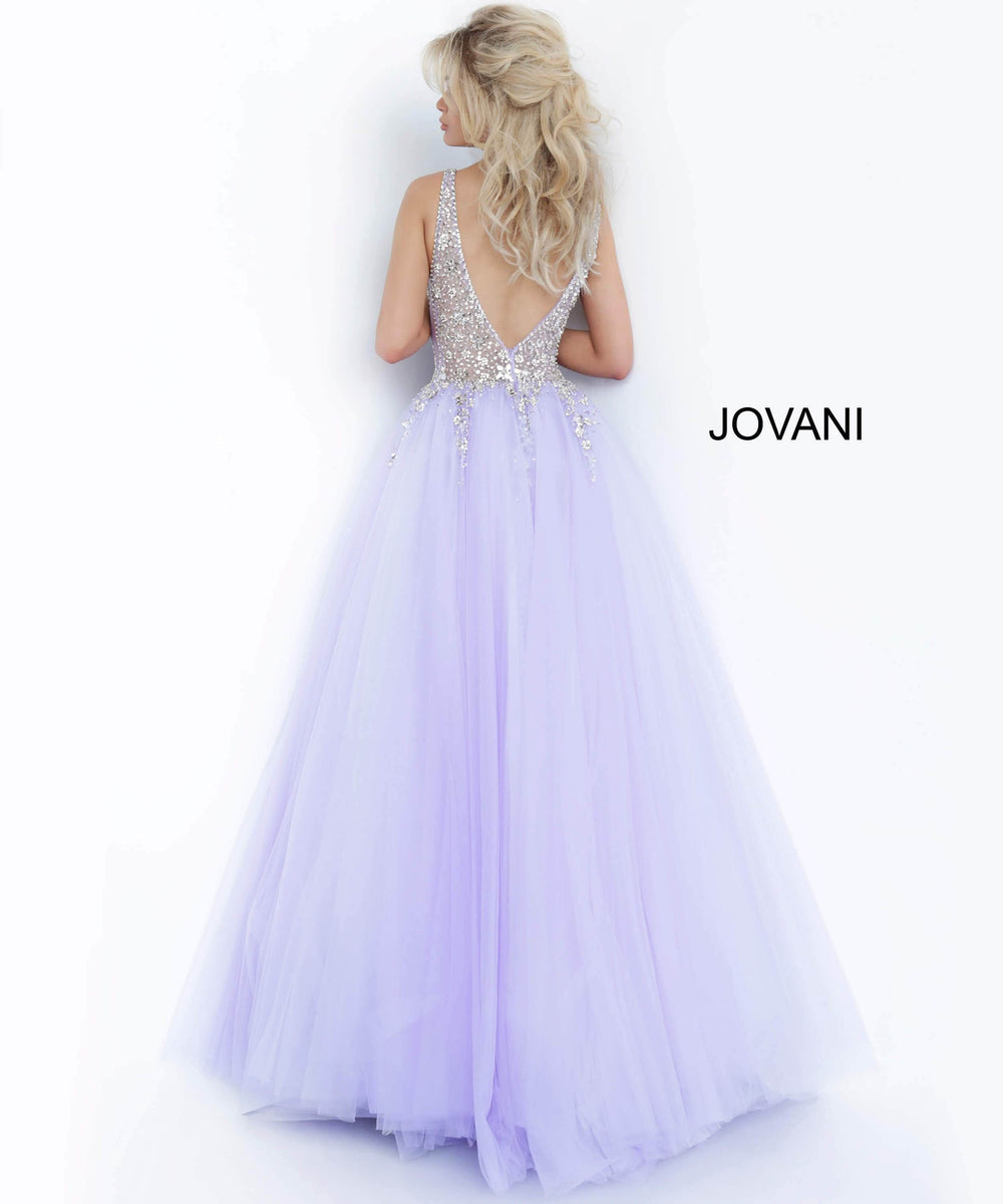 Jovani - 65379 Crystal Embellished Plunging V-neck Ballgown - FOSTANI